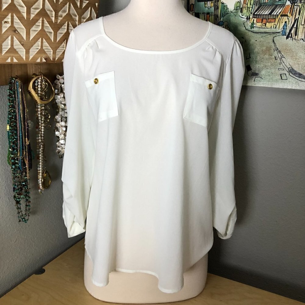 MINE Sheer Blouse Women's size L White & Gold Button T Back 3/4 Sleeve